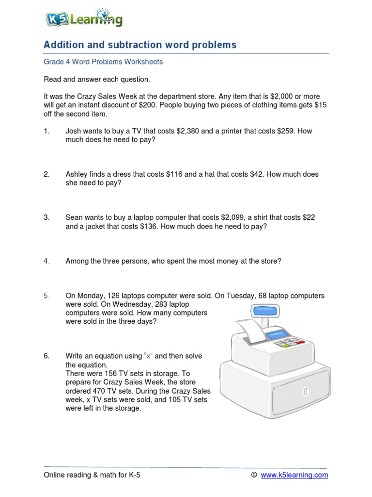 Grade 4 Word Problems Mixed Addition Subtraction C PDF