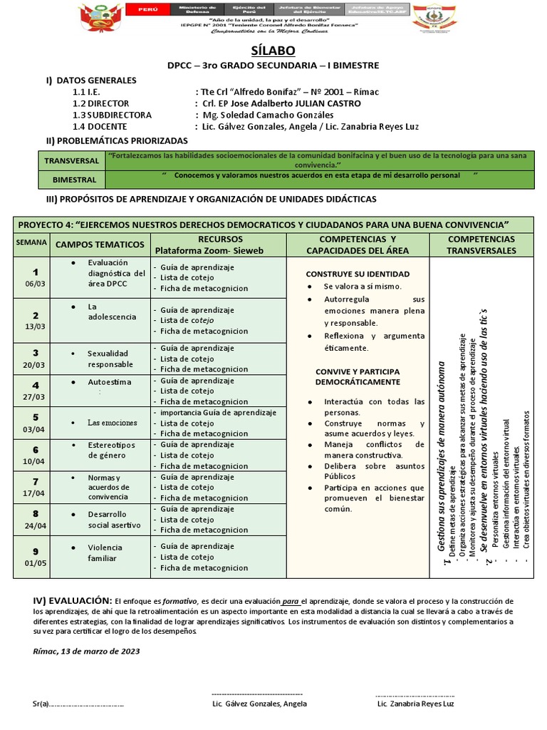 Sílabo DPCC 3ro grado secundaria 1er bimestre | PDF | Evaluación ...