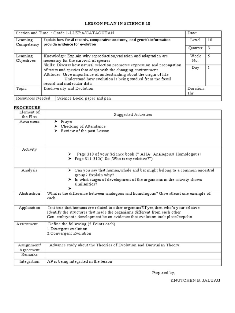 DLL Grade 10 Week 5,3rd Quarter PDF Evolution Science