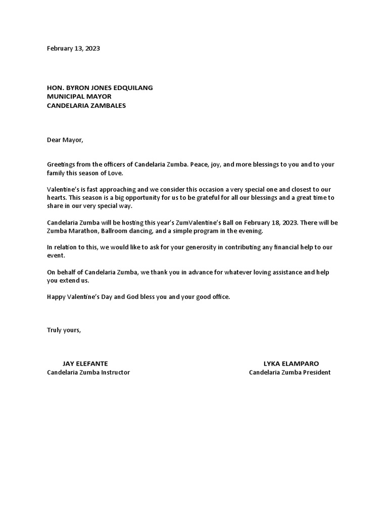 Candelaria Zumba Solicitation Letter PDF Virtue