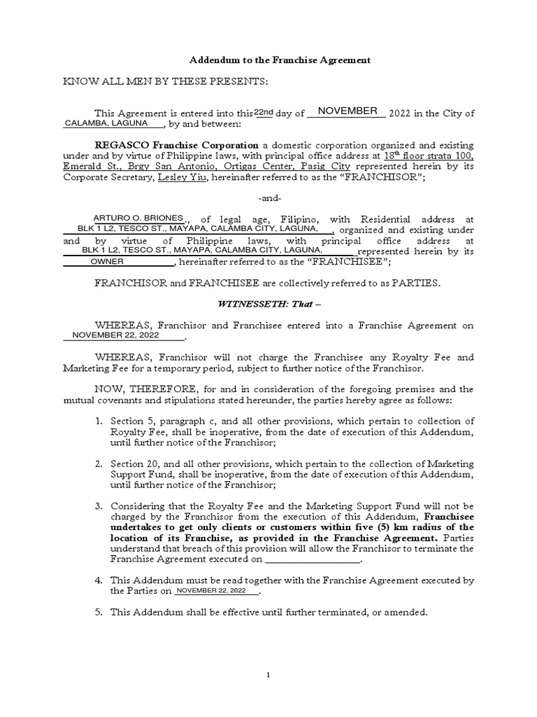 Addendum To The Franchise Agreement Royalty Fee and Marketing Fee PDF