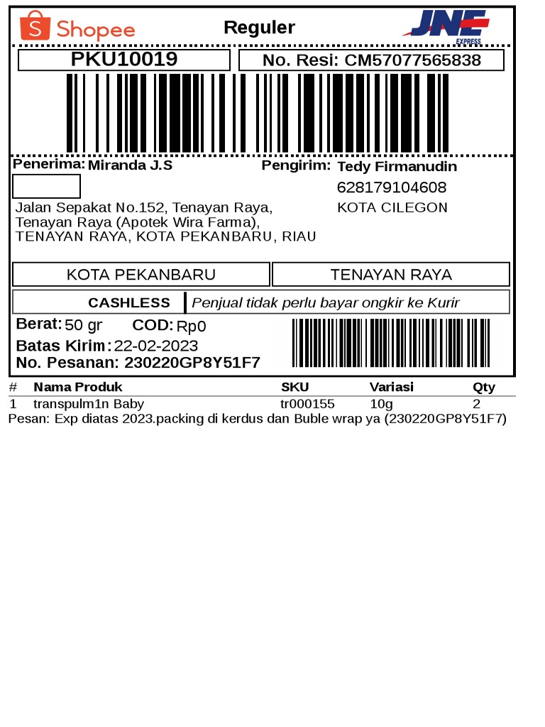 Label Pengiriman Paket JNE Tenayan Raya | PDF