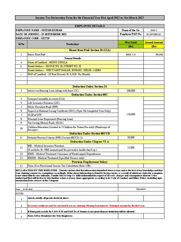 Income Tax Declarations Form (SMCI) FY 2022 2023 | PDF | Public Finance ...