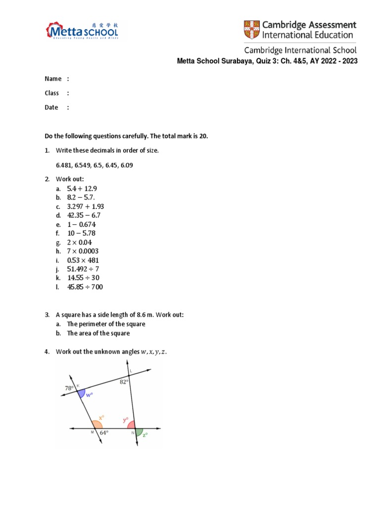 Quiz Ch. 4&5 Decimals Angles and Constructions | PDF