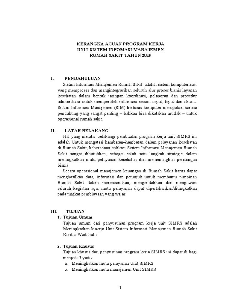 Program Kerja SIMRS Rumah Sakit 2019 | PDF