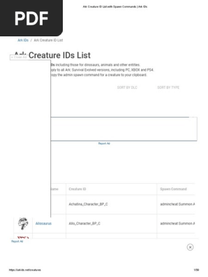 Ark Creature IDs and Spawn Commands | PDF