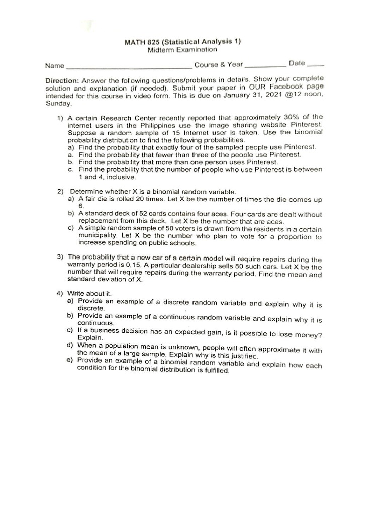 Statistical Analysis Sample Exam Questions | PDF