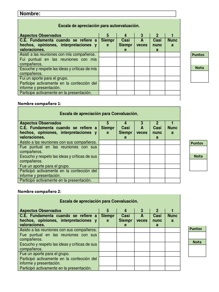 Escalas de Autoevaluación y Coevaluación | PDF | Crecimiento personal y ...