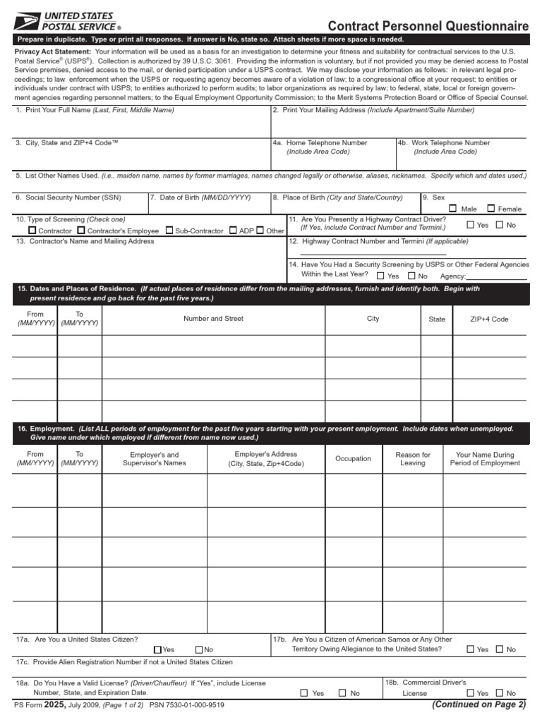 USPS Contract Personnel Questionnaire | PDF | Military Discharge ...