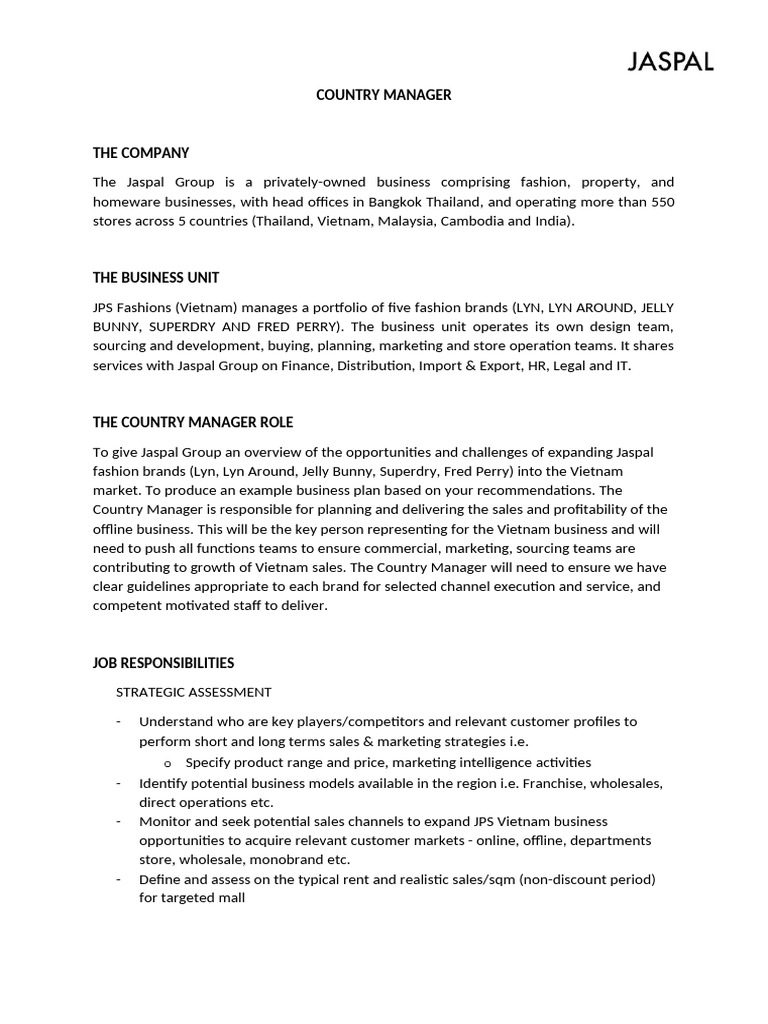 Country Manager Role at Jaspal Vietnam | PDF | Sales | Marketing