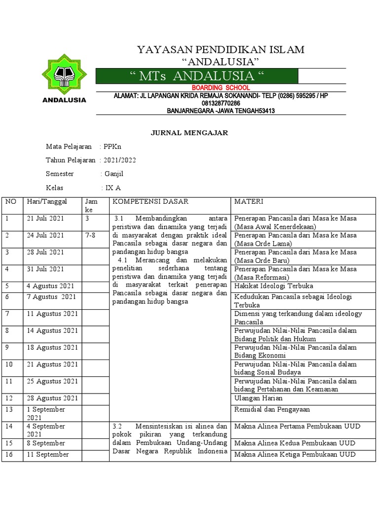 Jurnal Mengajar PPKn MTs Andalusia | PDF