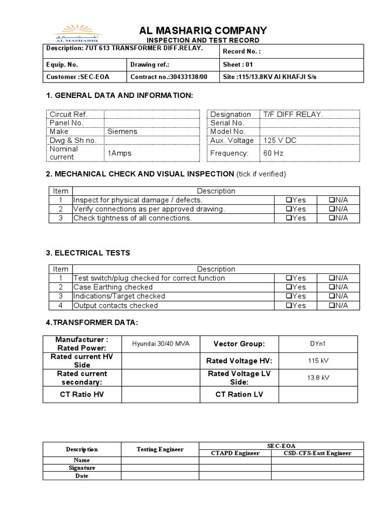 7UT 613 Relay Inspection Record | PDF