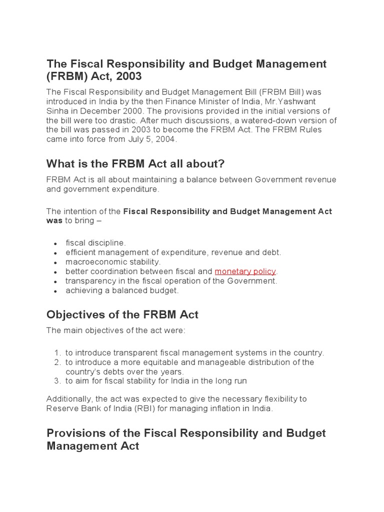 Frbm Act Explained | Fiscal Responsibility and Budget Management Act in ...