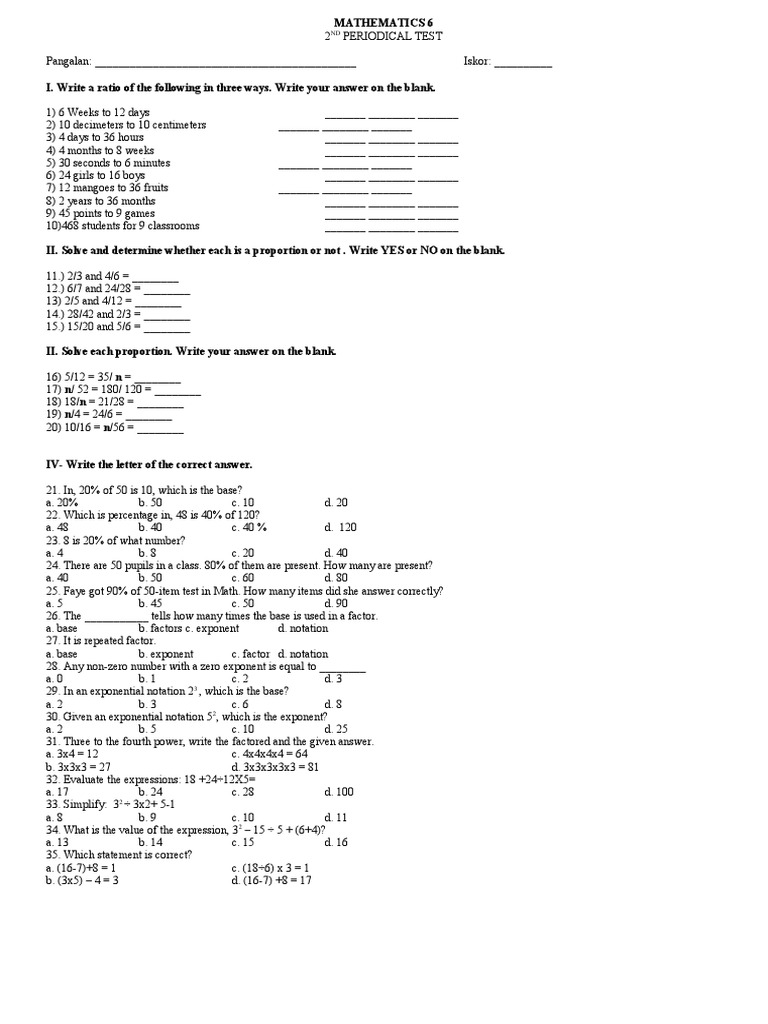 2ND Periodical Test in Math 6 | PDF | Teaching Methods & Materials ...