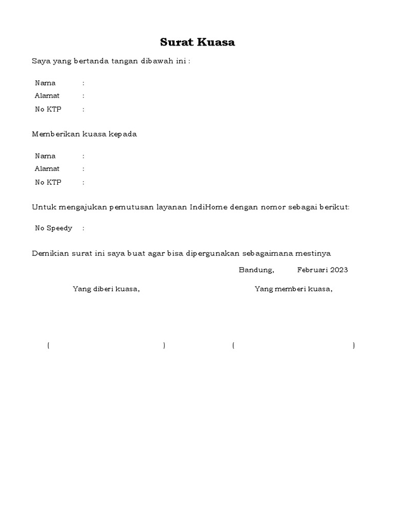 Surat Kuasa Pemutusan Layanan IndiHome PDF