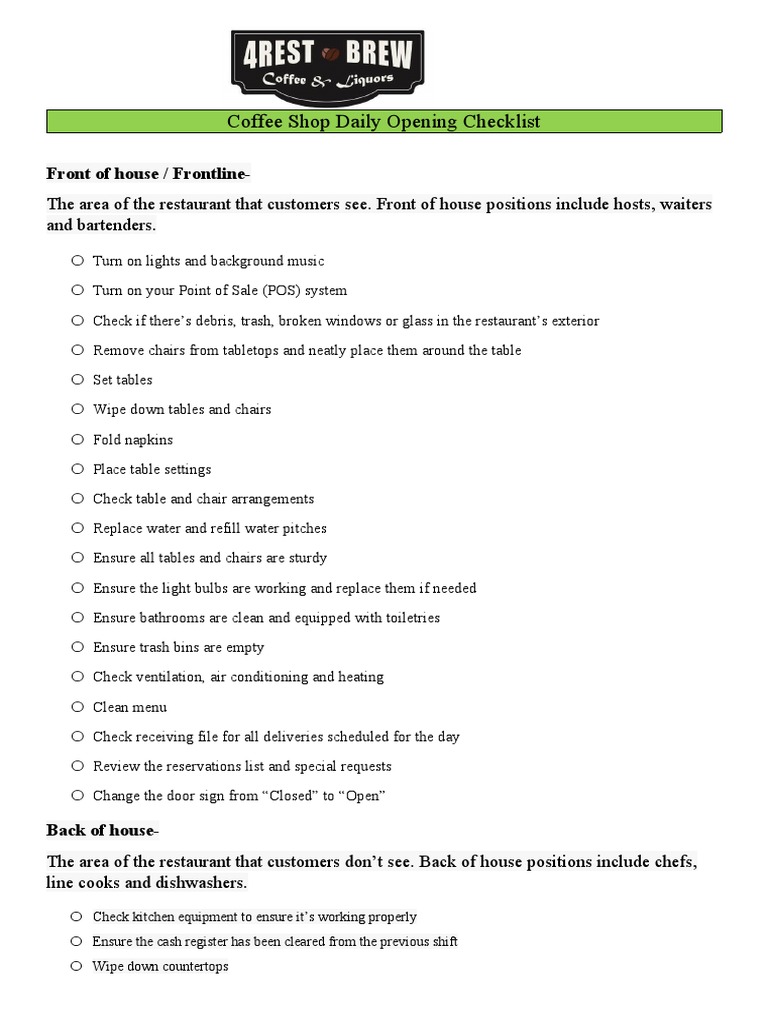 Coffee Shop Opening & Closing Checklist | PDF | Menu | Point Of Sale