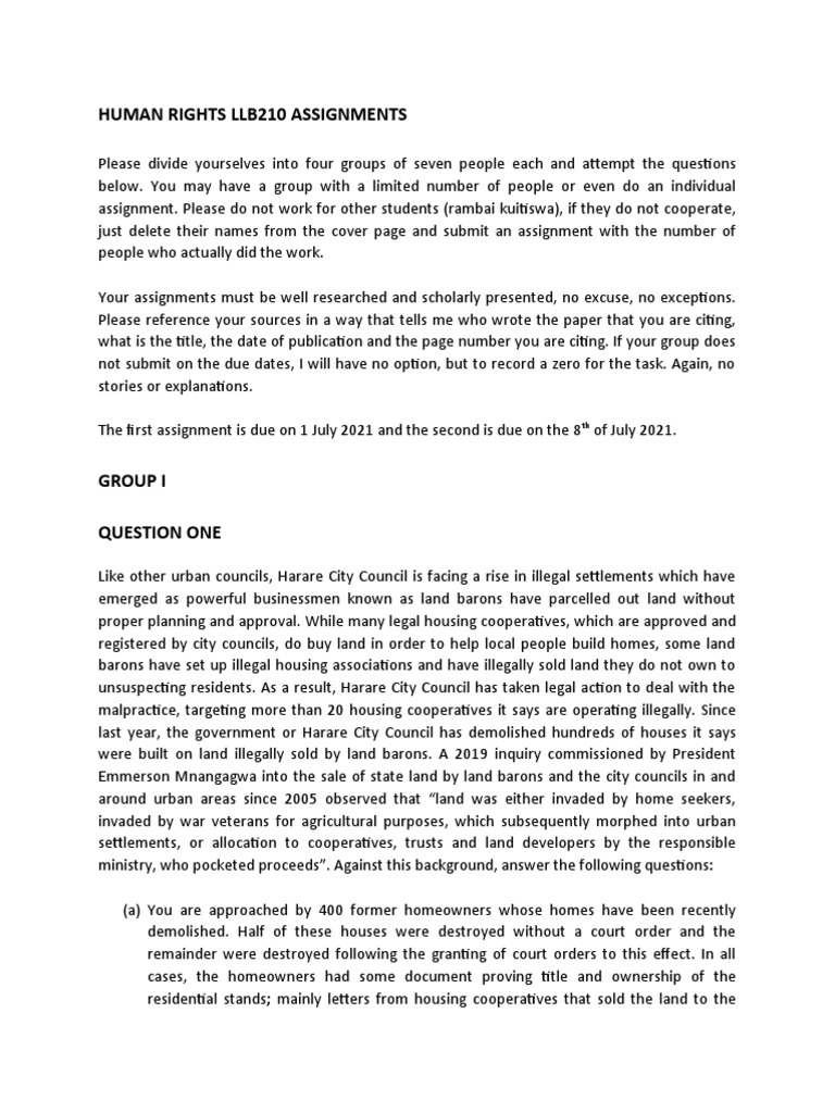 Human Rights LLB210 Assignment Guidelines | PDF | Zimbabwe ...