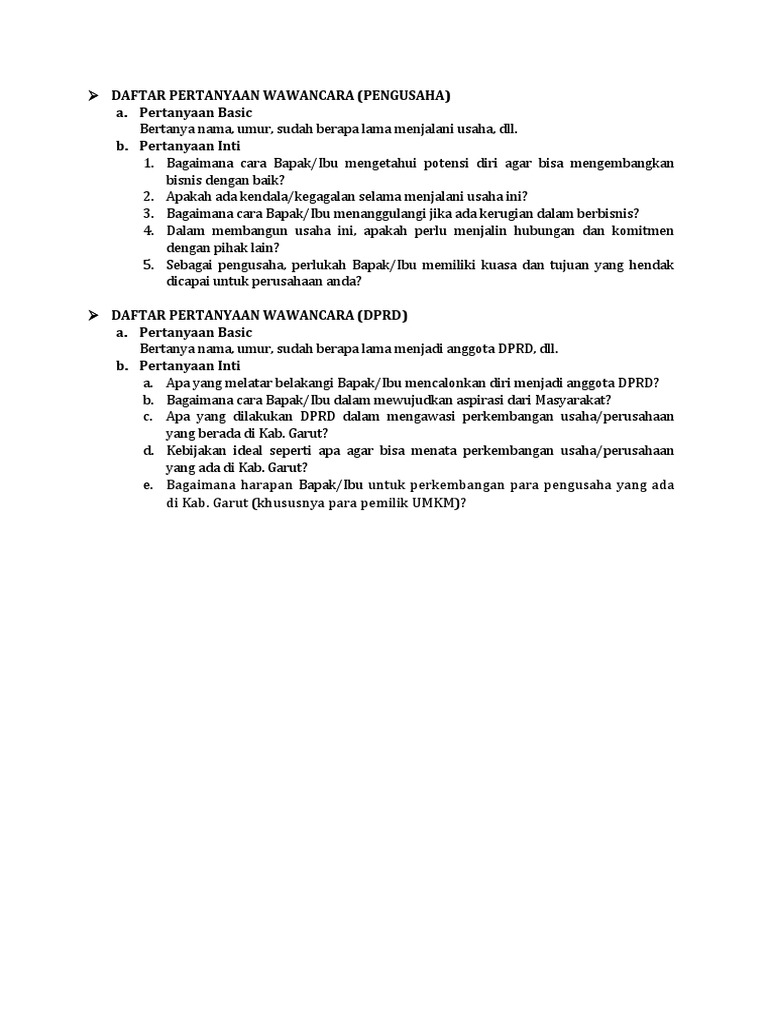 Daftar Pertanyaan Wawancara | PDF
