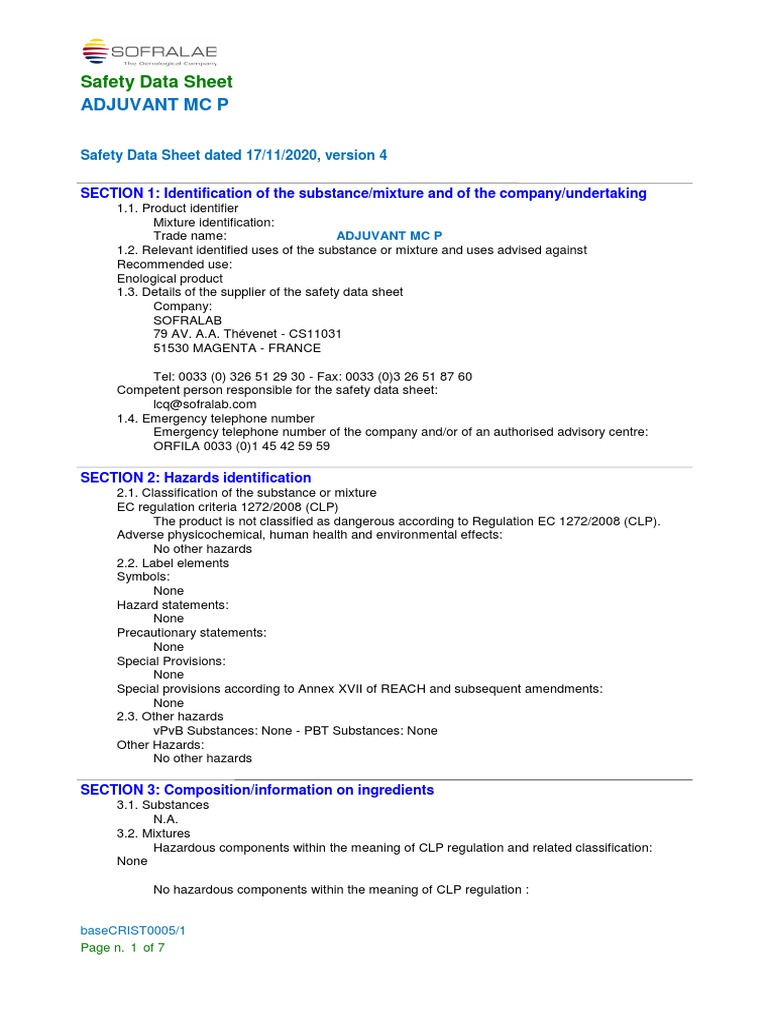 Safety Data Sheet for Adjuvant MC P | PDF | Dangerous Goods | Toxicity