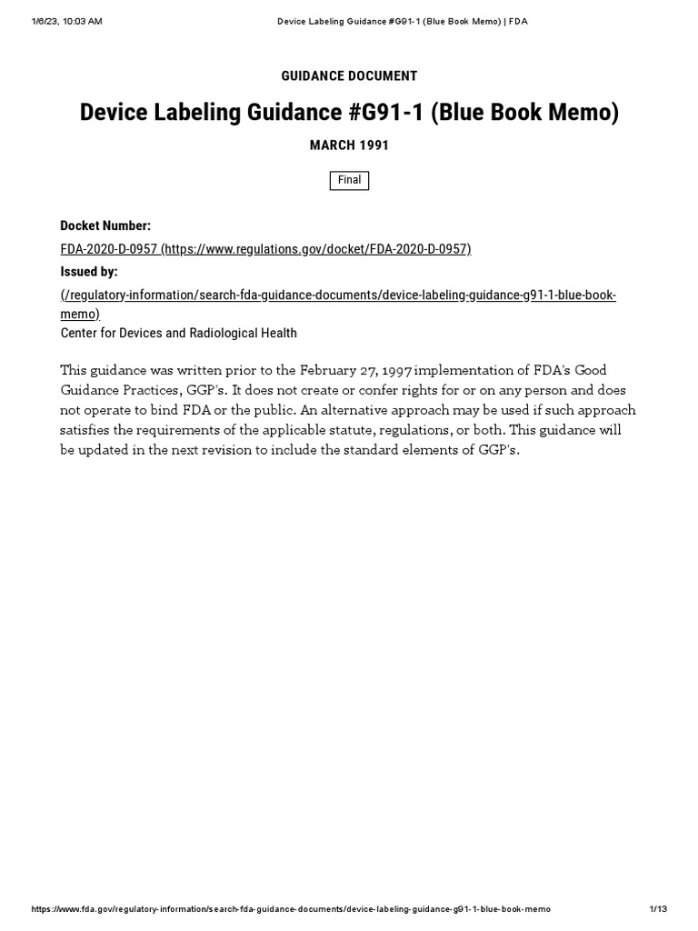 Device Labeling Guidance G911 (Blue Book Memo) FDA PDF Federal