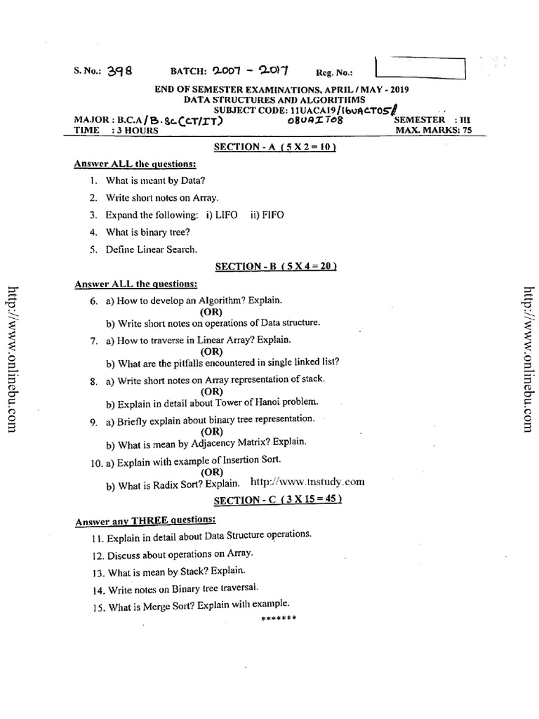 Bca BSC 3 Sem Cs It Data Structures and Algorithms 11uaca19 May 2019 ...