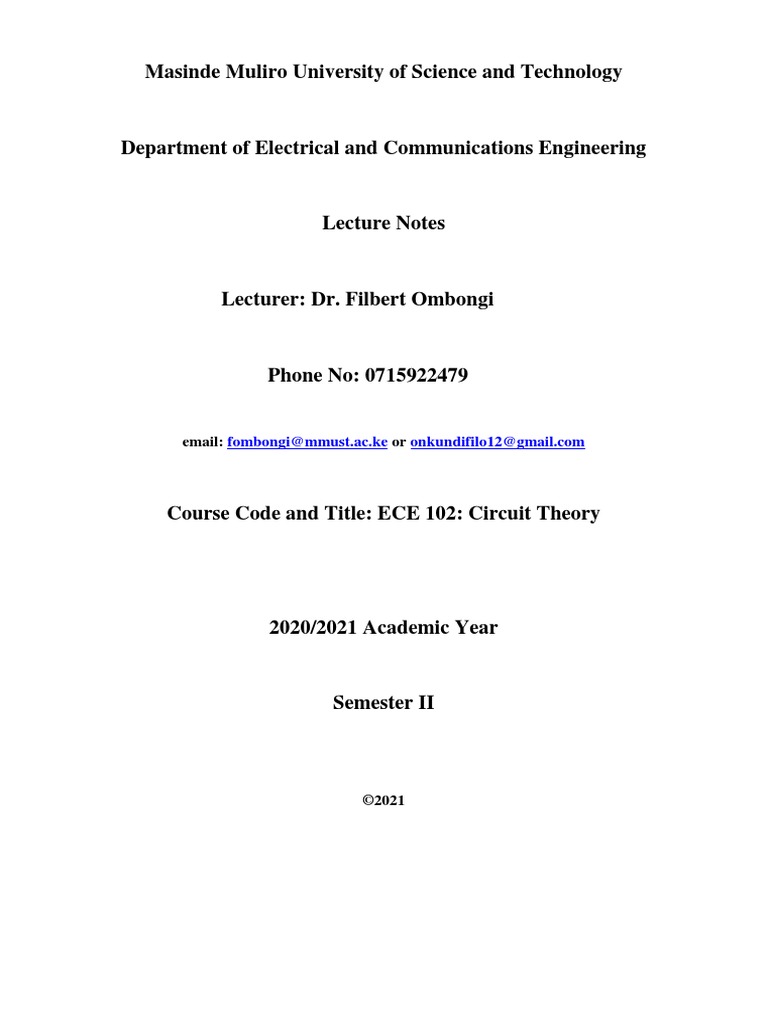 Ece 102 Circuit Theory Notes 2021 Pdf Series And Parallel