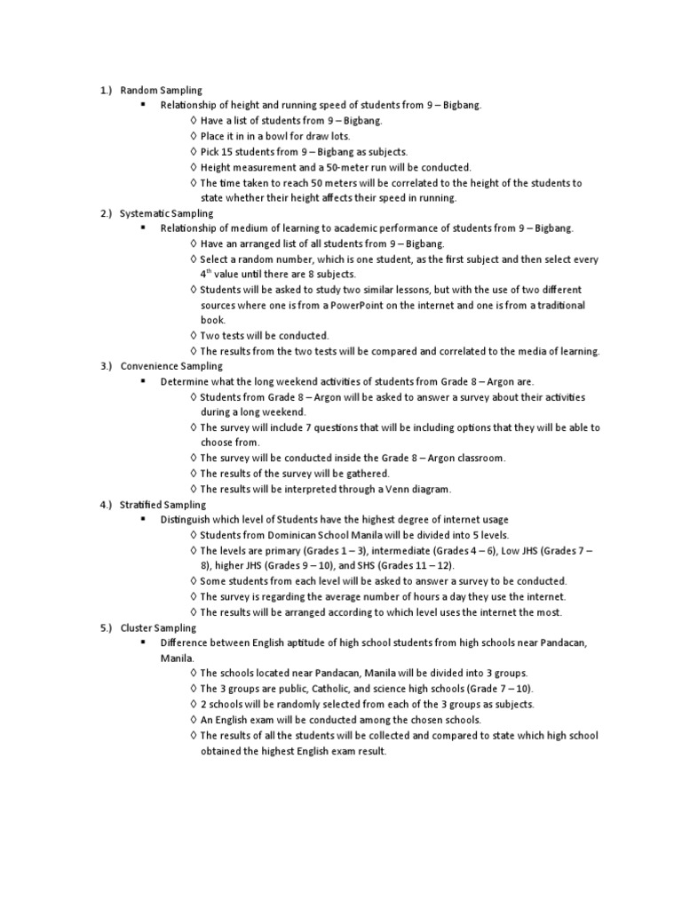 Sampling Methods Activity PDF Sampling (Statistics) Middle Schools
