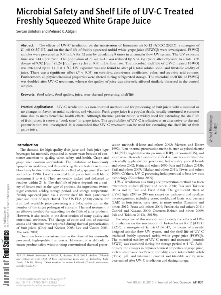 Microbial Safety and Shelf Life of UVC Treated Freshly Squeezed White