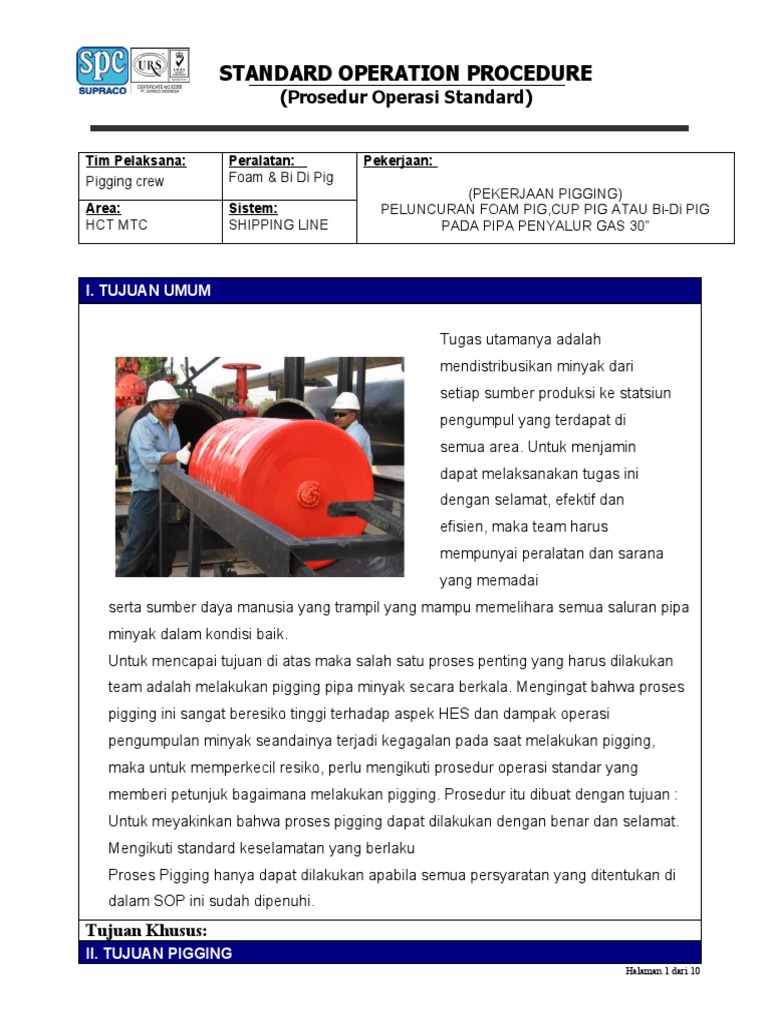1. SOP Pigging (Peluncuran Pig pada Pipa Penyalur Gas) | PDF