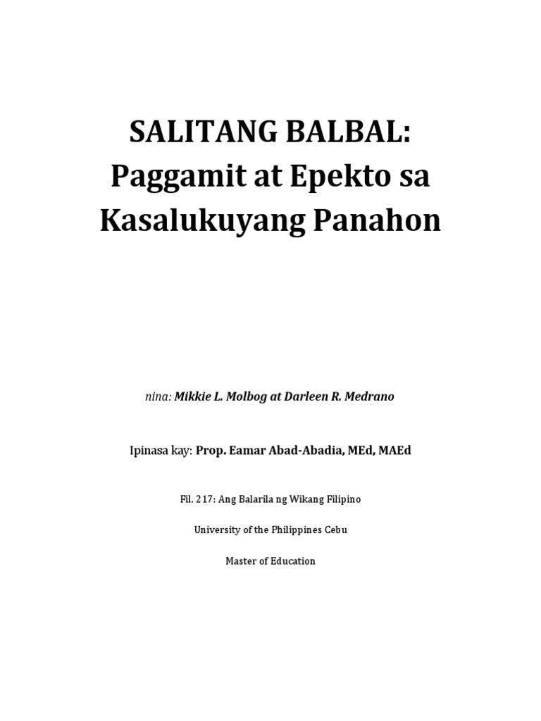 SALITANG BALBAL - Paggamit at Epekto Sa Kasalukuyang Panahon | PDF