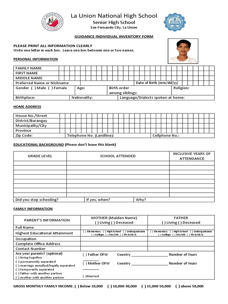 Guidance Individual Inventory Form PDF
