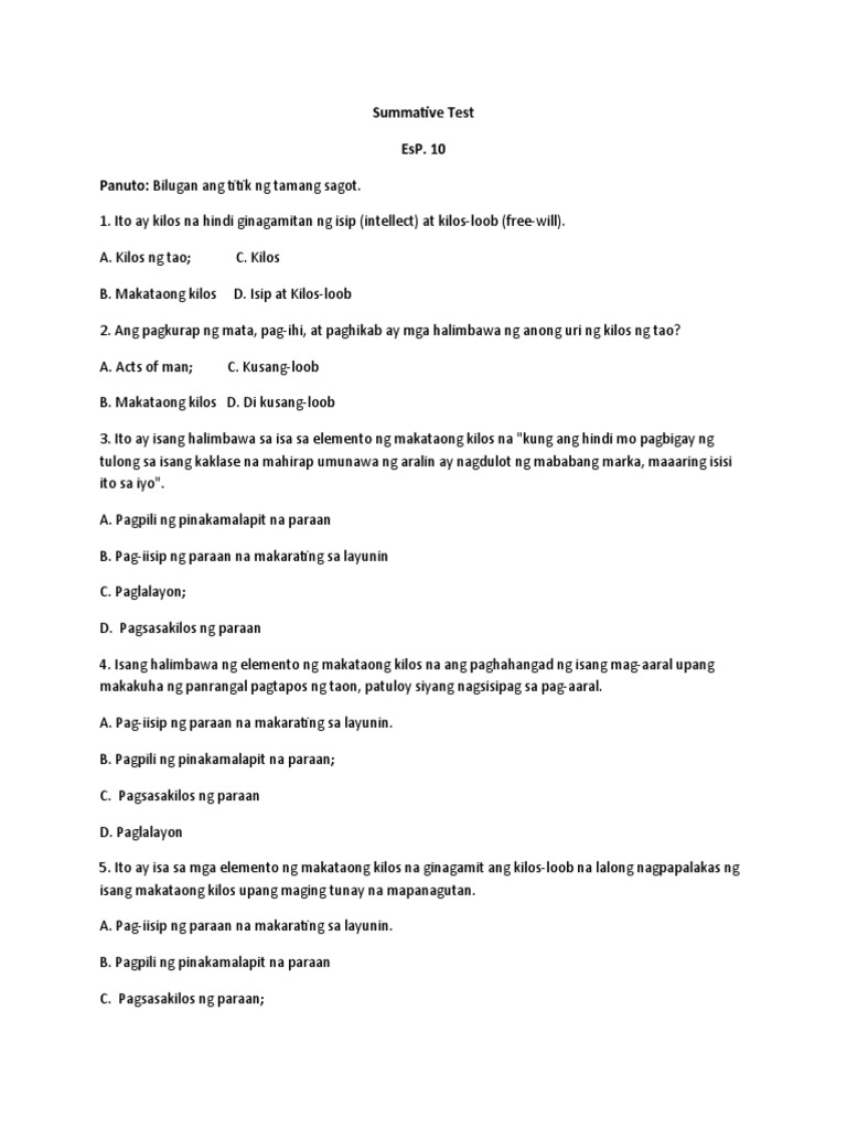 Summative Test Esp 10 Part 10 | PDF