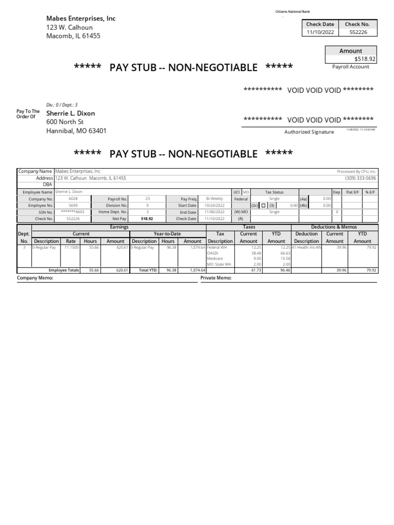 Citizens National Bank Pay Stub | PDF | Payroll | Paycheck