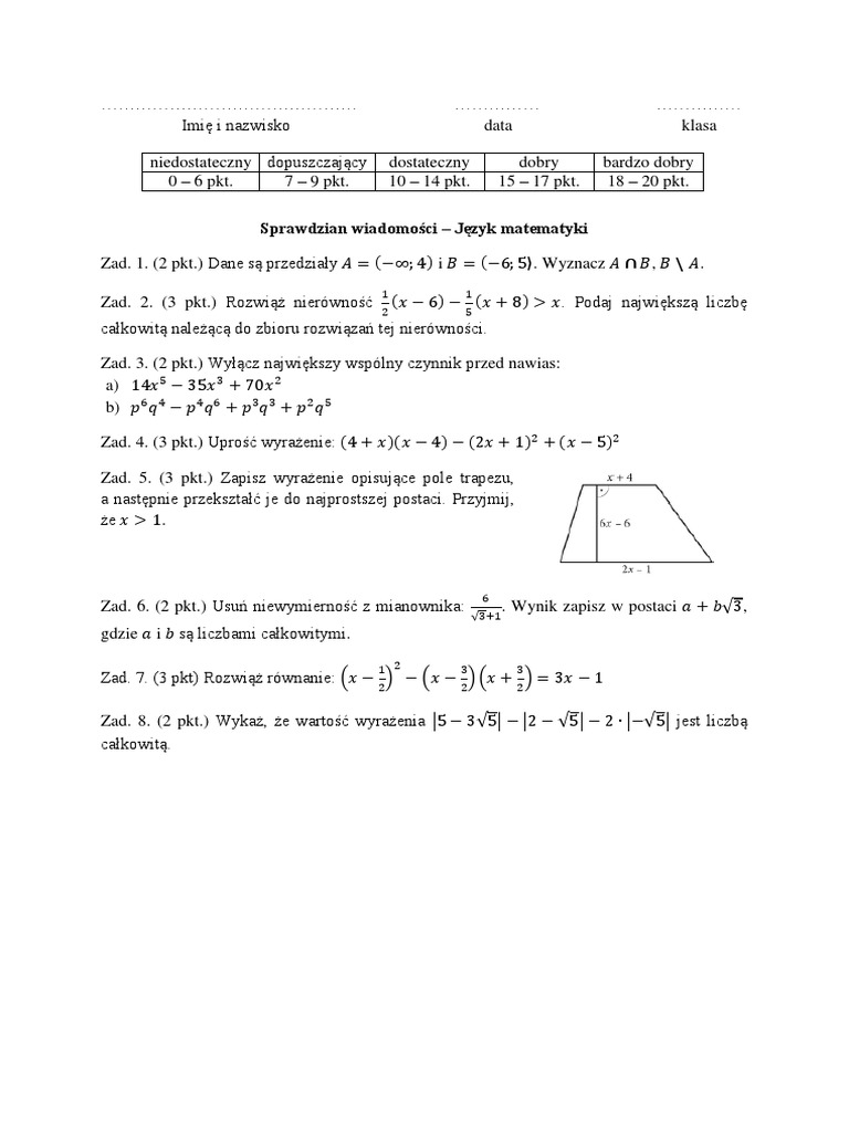 Sprawdzian Z Matematyki Klasa 2 Technikum Język matematyki - sprawdzian 1 TWA | PDF
