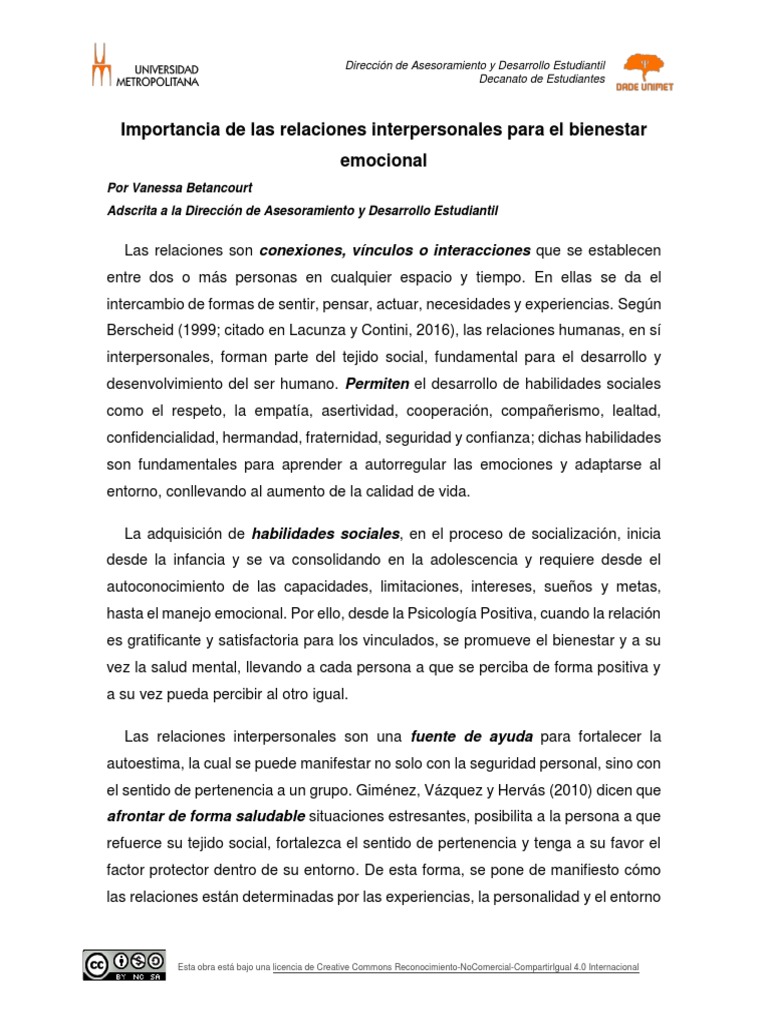 Importancia de las relaciones interpersonales | PDF | Las emociones ...