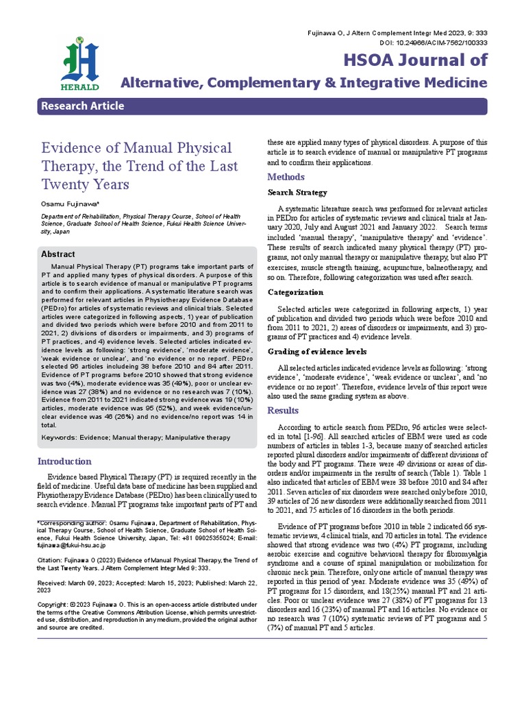 Evidence of Manual Physical Therapy The Trend of The Last Twenty Years
