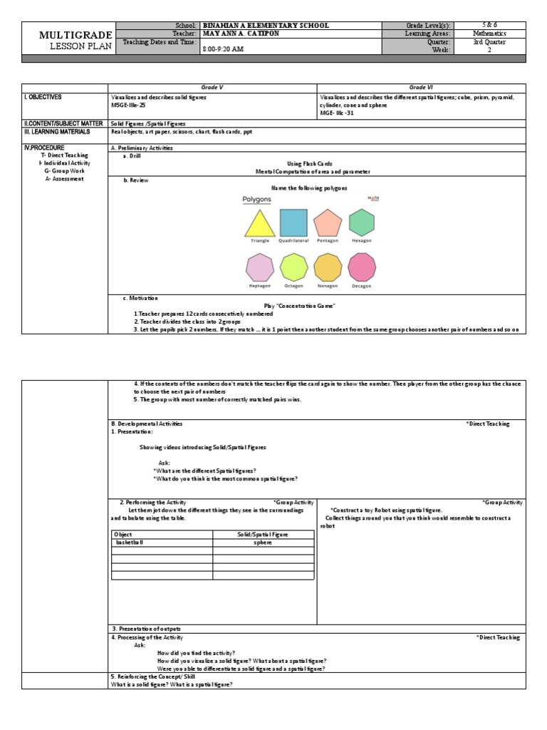LP COT1MULTIGRADE Lesson Plan Mathematics 5&6 PDF Teachers Sphere