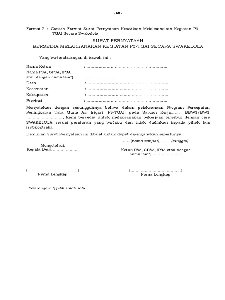 FORMAT 7 Contoh Format Surat Pernyataan Kesediaan Melaksanakan Kegiatan ...