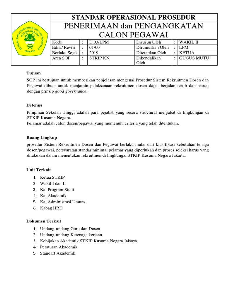 D 3 Sop Penerimaan Dan Pengangkatan Calon Pegawai Pdf