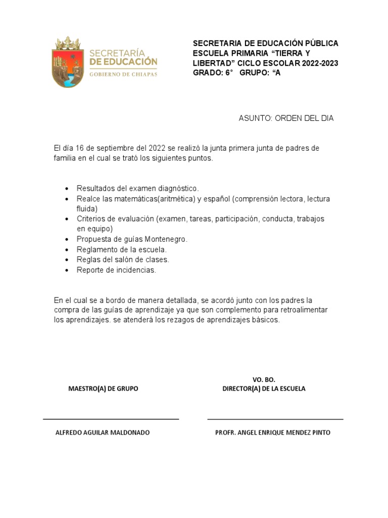 orden dia de junta grupal | PDF