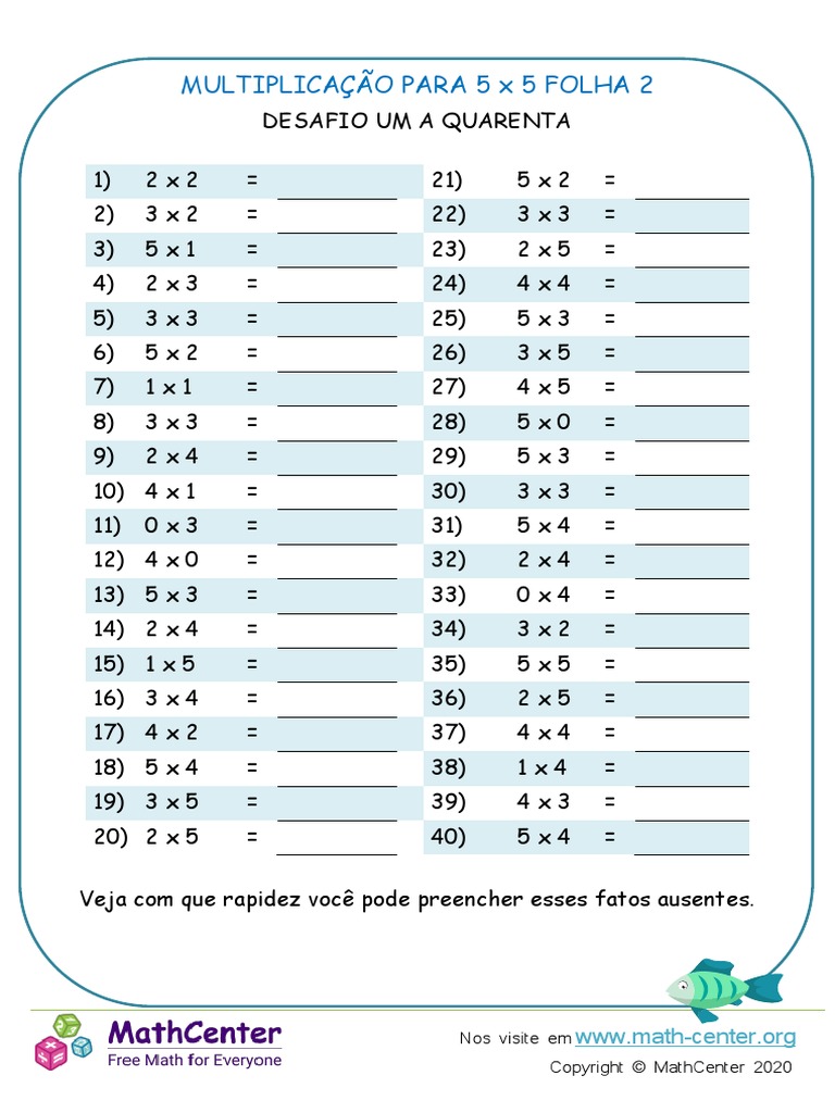 Exercícios de Multiplicação (Tabuada de 5) | PDF