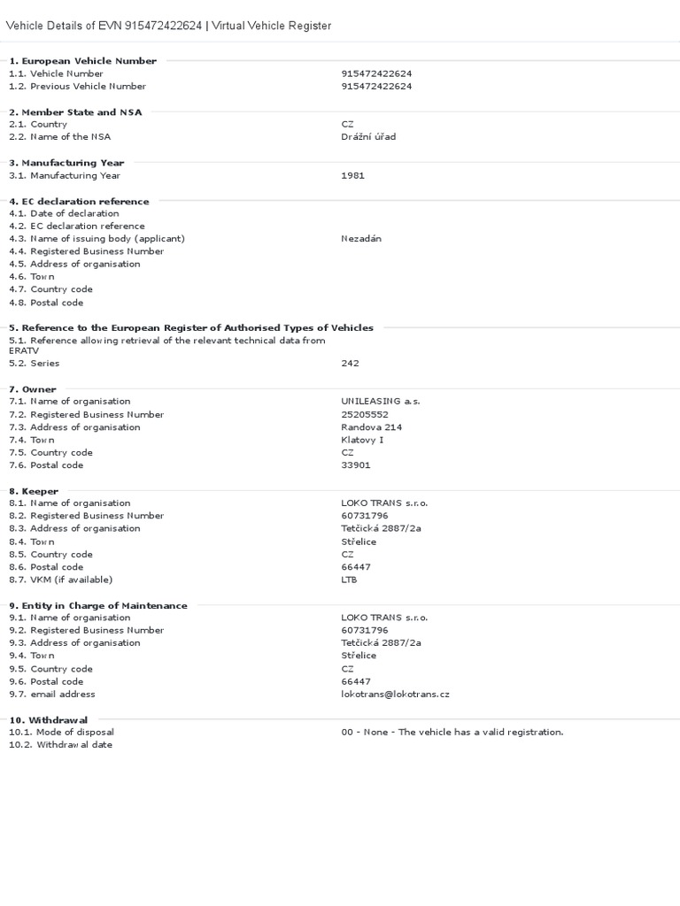 Virtual vehicle register vehicle details of evn 915472422624 pdf