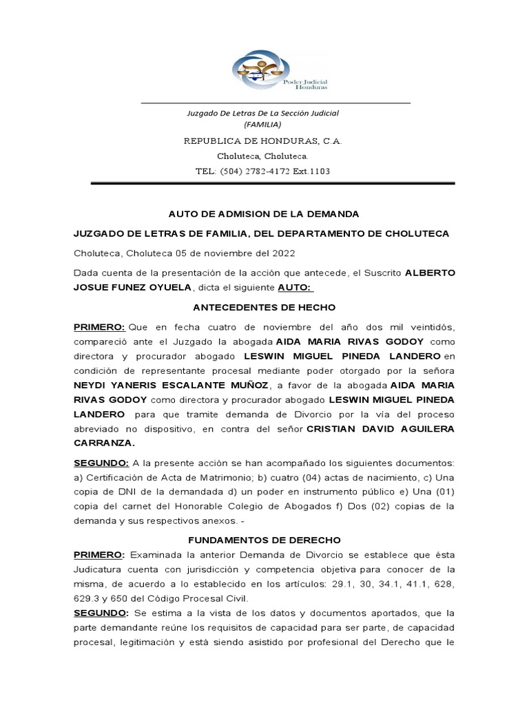 Auto de Admision de La Demanda | PDF | Demanda judicial | Divorcio
