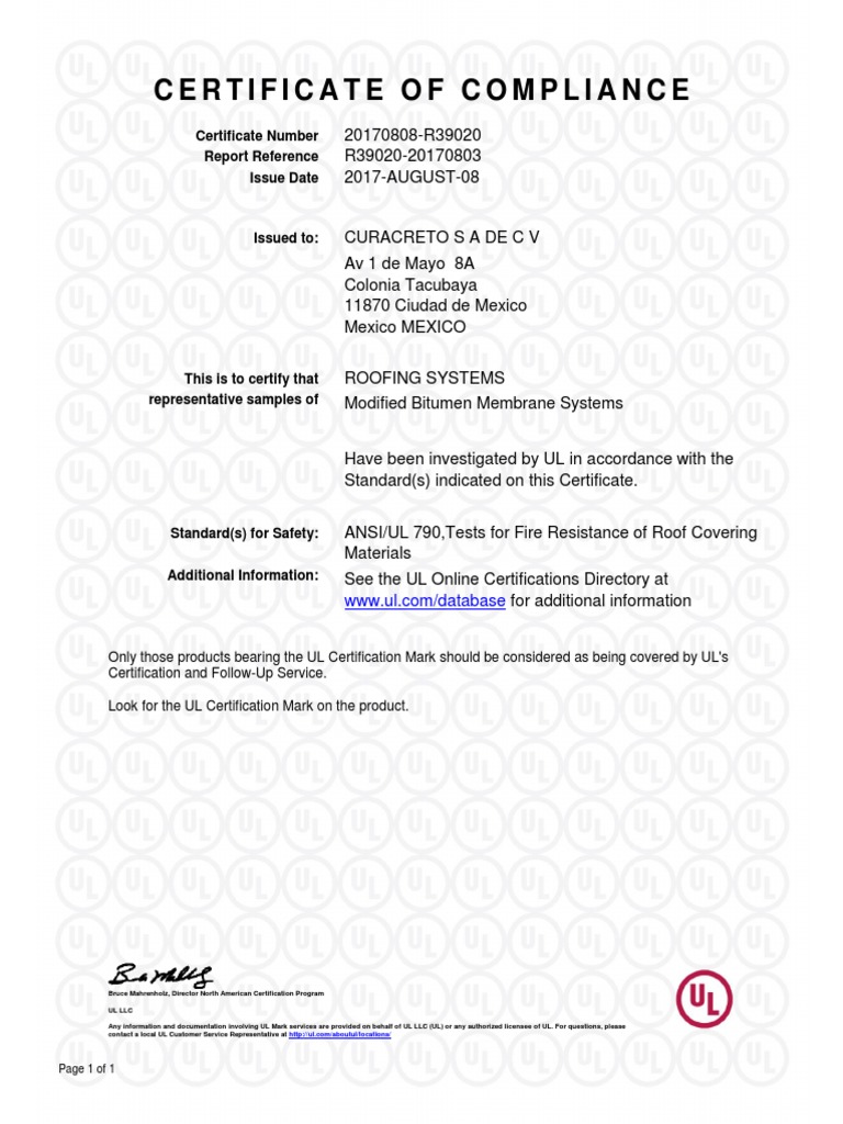 Certificate of Compliance UL 790 Curacreto R39020 Inglés | PDF