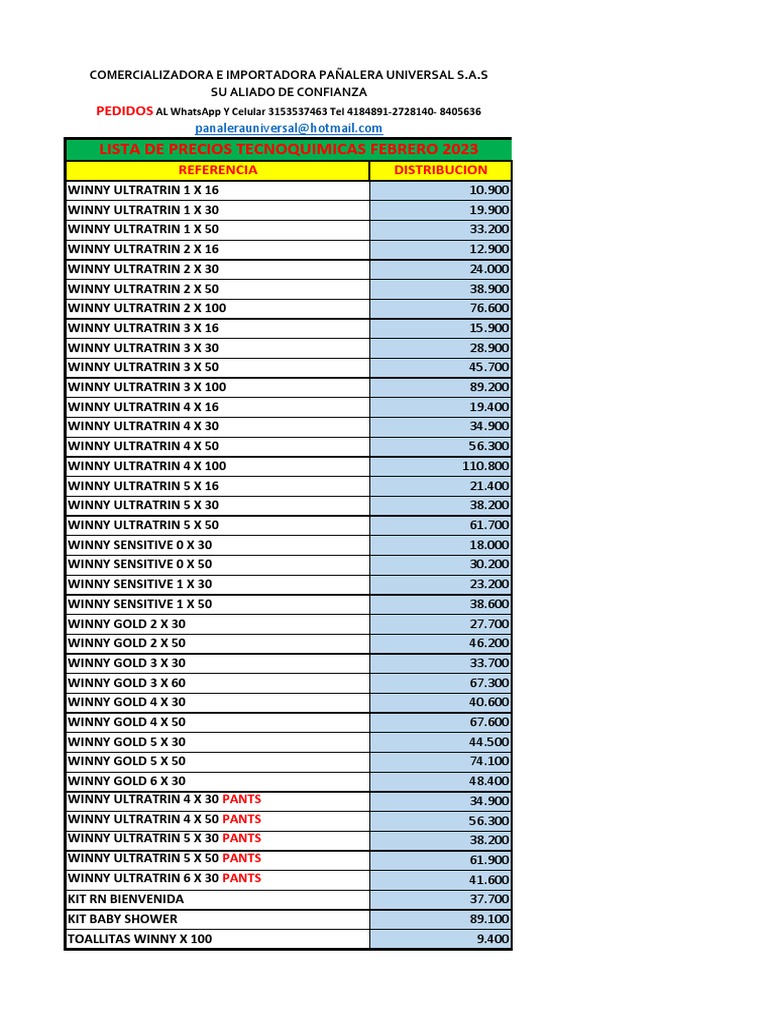 Pañalera Universal price list PDF