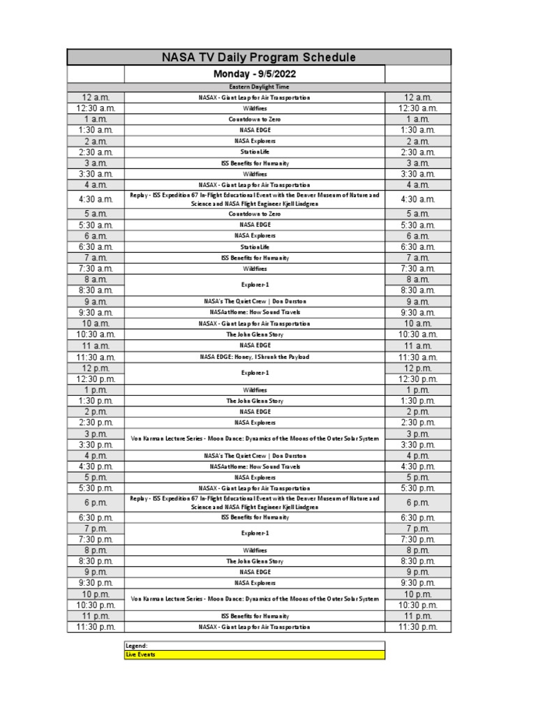 Nasa tv daily program schedule monday 9 5 2022 pdf nasa