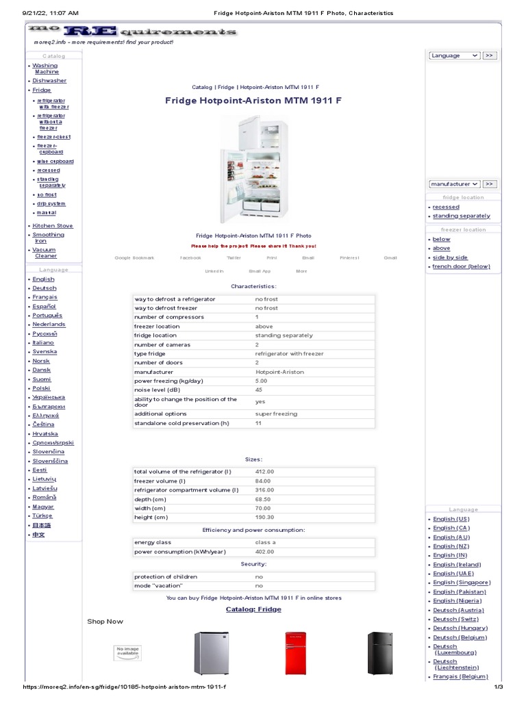 Fridge HotpointAriston MTM 1911 F Photo, Characteristics PDF
