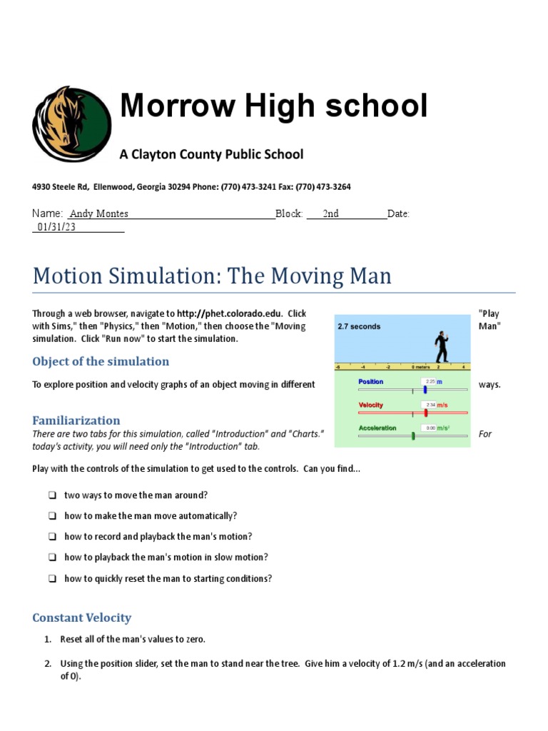 Moving Man Lab Activity PDF Velocity Acceleration