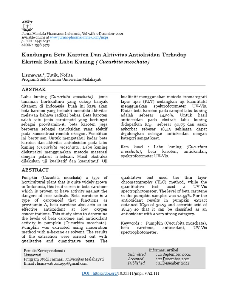 Kadar Beta Karoten Labu Kuning | PDF
