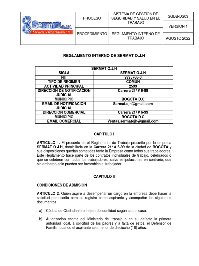 Reglamento Interno de Trabajo SERMAT O.J.H | PDF | Salario | Salario mínimo